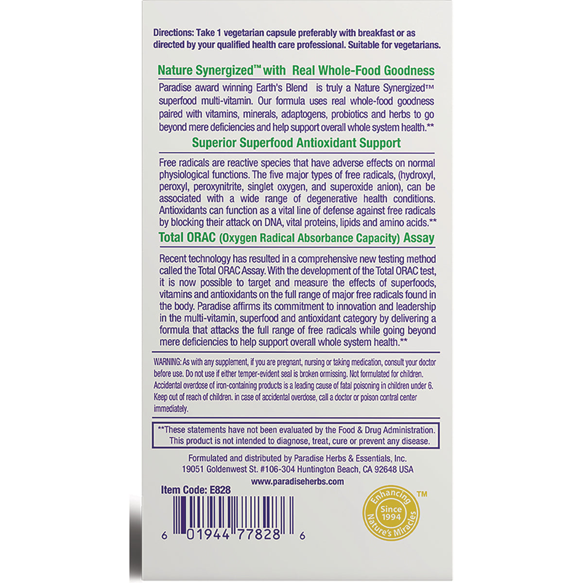 PRH011 | product infographic back panel with directions, Total ORAC description, warnings and barcode