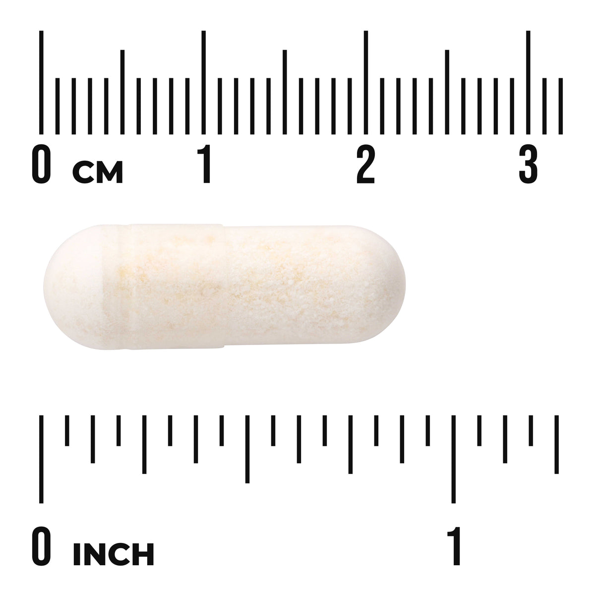 SWA034 | White supplement capsule on rulers showing about 2.5 cm length, visible text 'CM' and 'INCH'