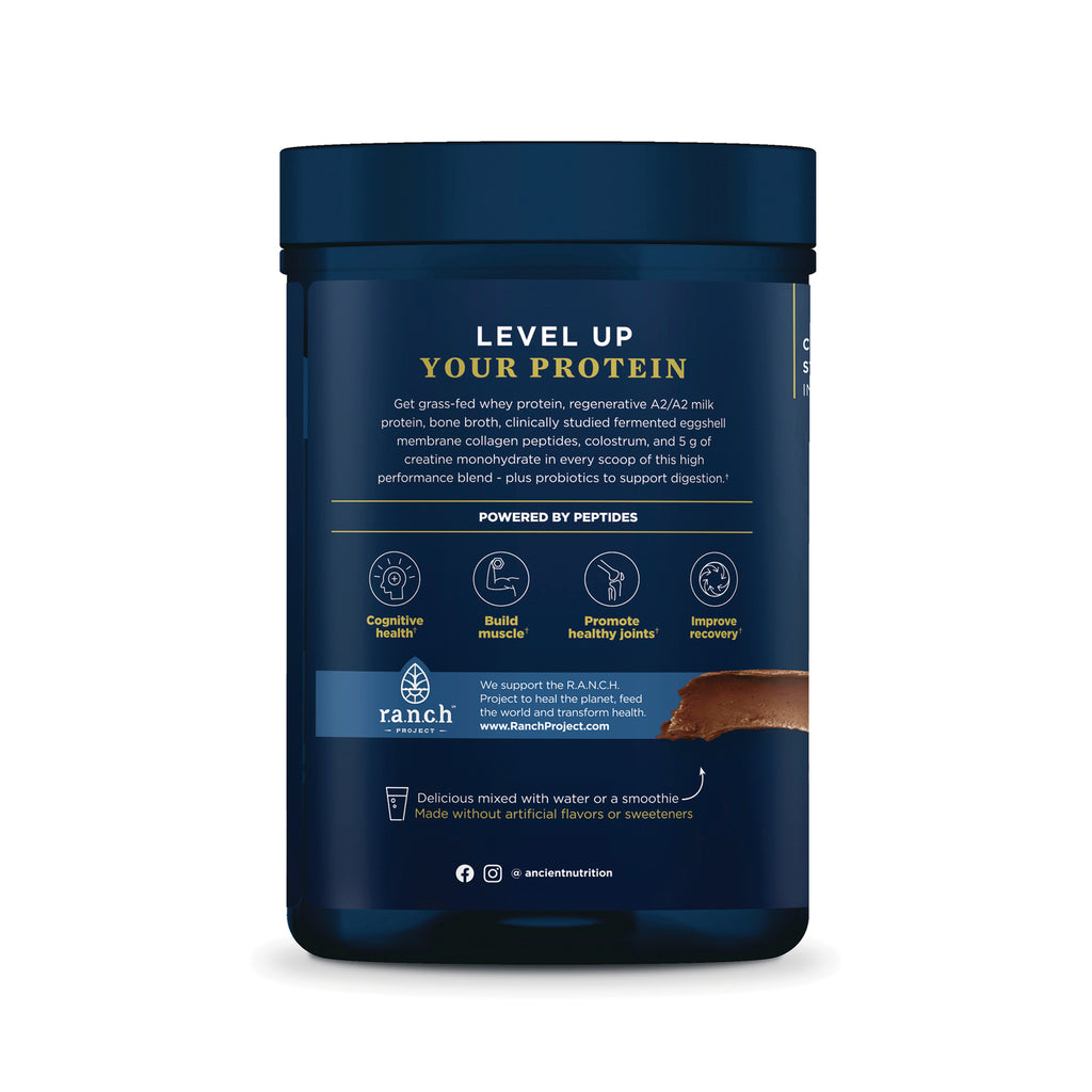 ATN152 | Ancient Nutrition protein supplement tub back label with benefits icons and mixing instructions - Thumbnail