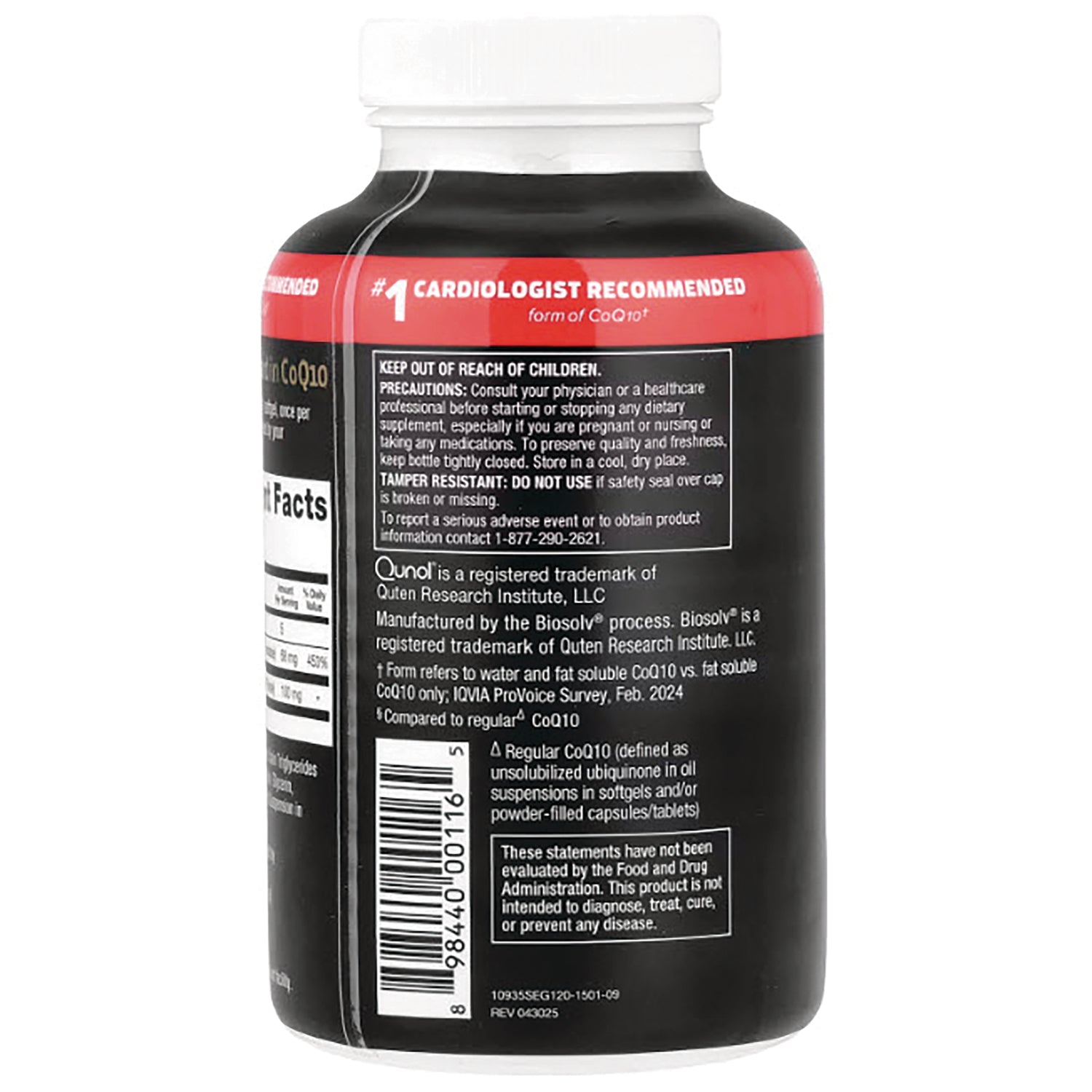 QNL002 | Back label of black supplement bottle showing warnings, manufacturer information, and barcode