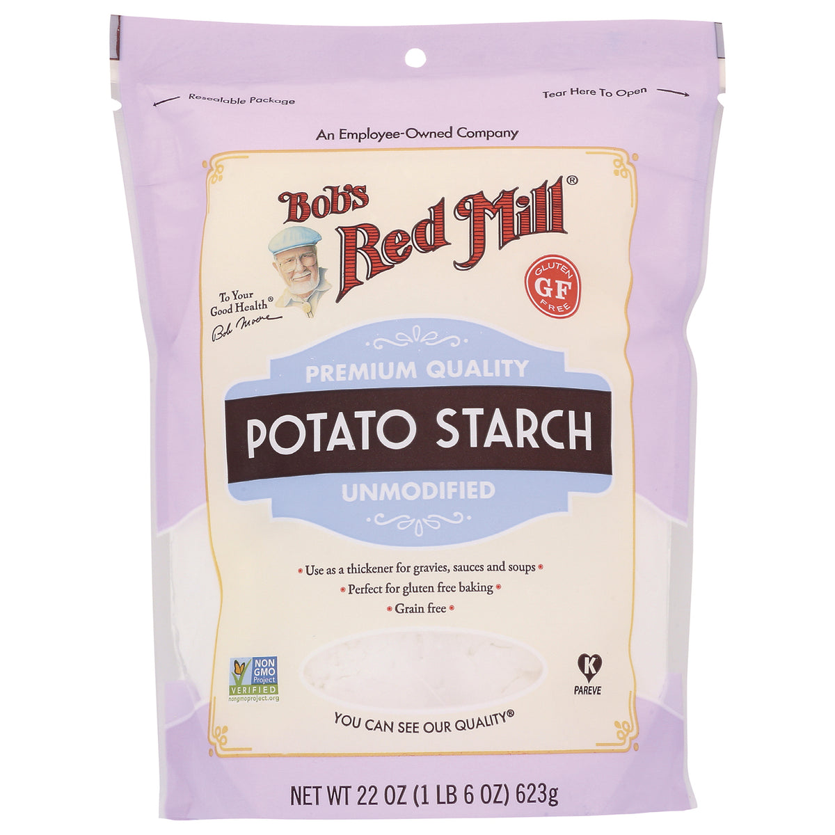 BOB285 | Bob's Red Mill potato starch unmodified front pouch 22 oz with label reading POTATO STARCH