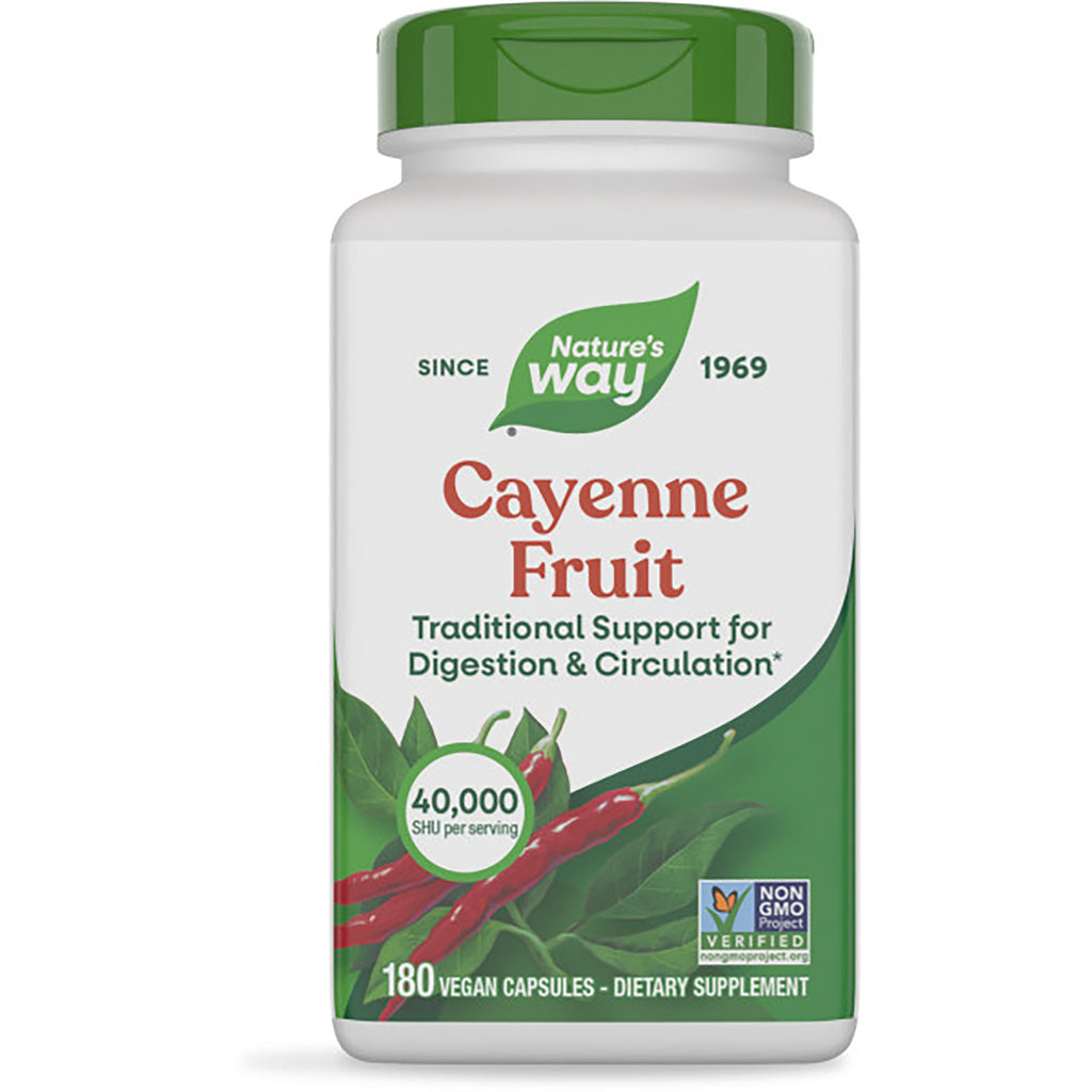 NW480 | White supplement bottle with green cap labeled Nature's Way Cayenne Fruit, 180 vegan capsules, plant powered - Thumbnail