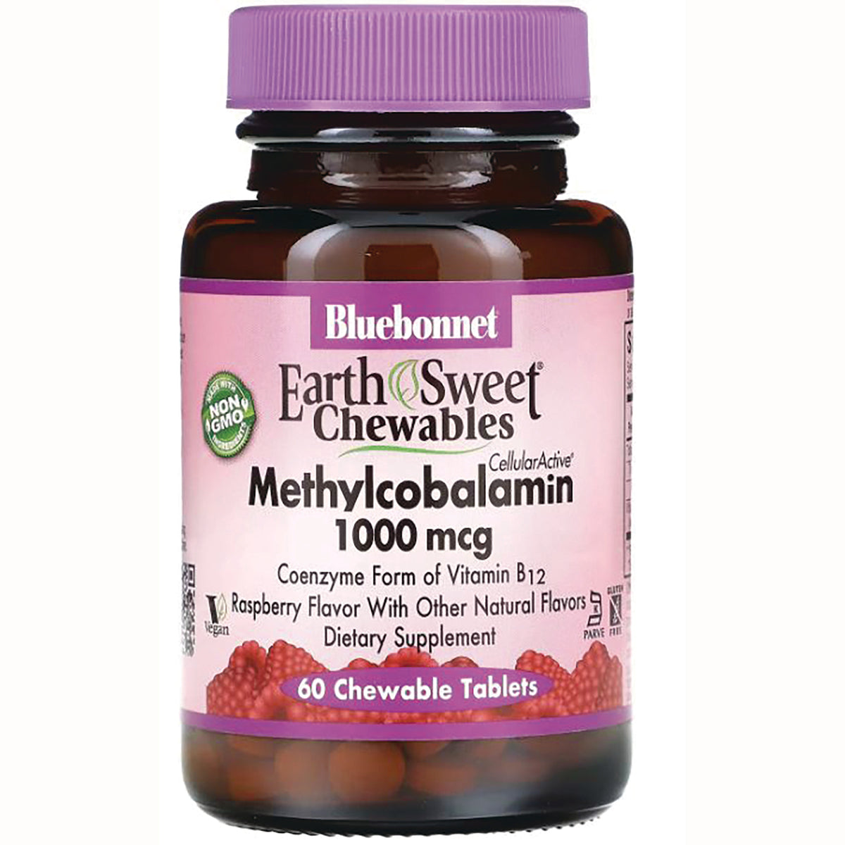 BLU073 | Bluebonnet EarthSweet Chewables Methylcobalamin 1000 mcg raspberry 60 chewable tablets bottle