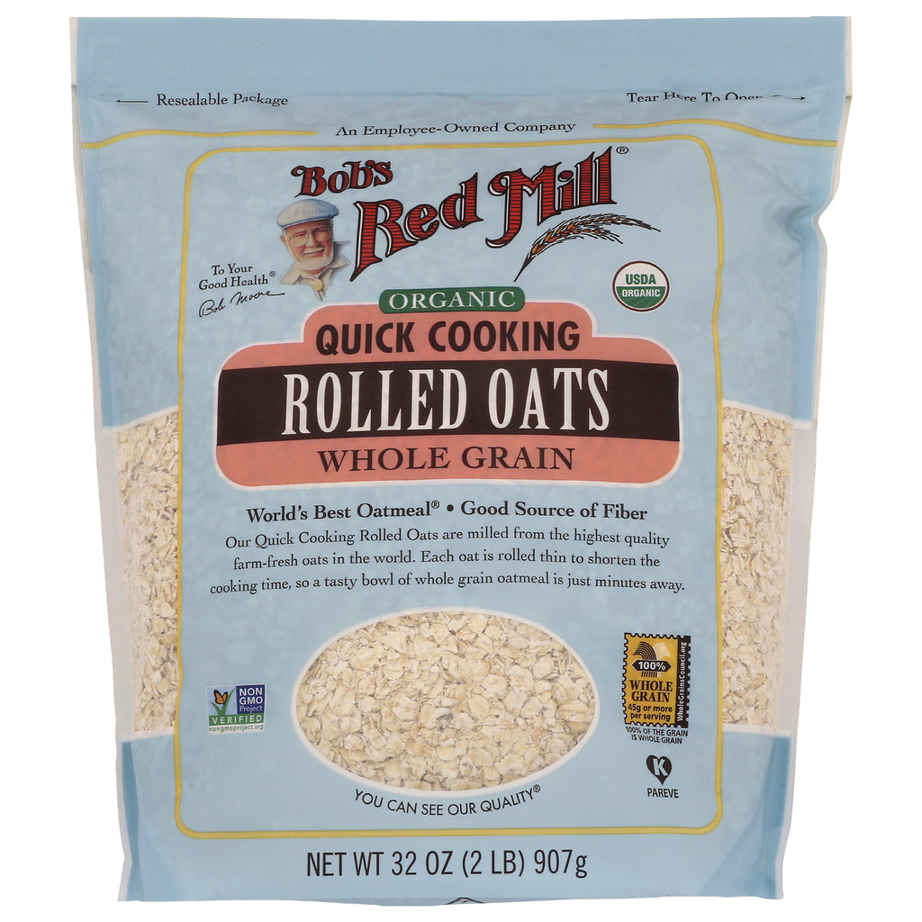 BOB325 | Bob's Red Mill organic quick cooking rolled oats 32 oz front pouch with window showing oats - Thumbnail