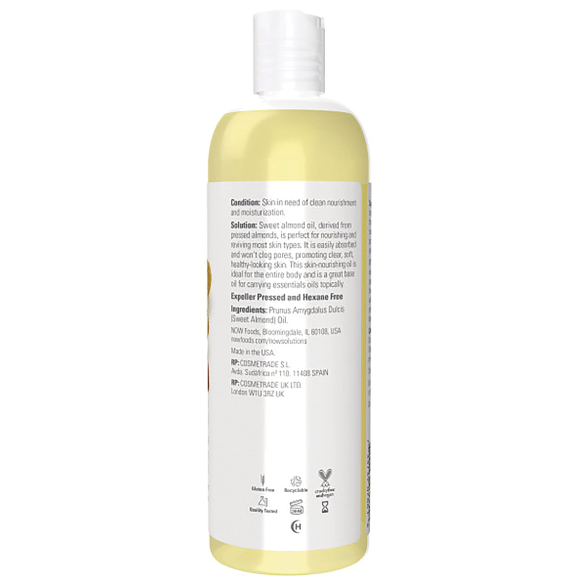 NWF017 | Back of yellow bottle showing ingredients text, directions and recycling and cruelty-free icons