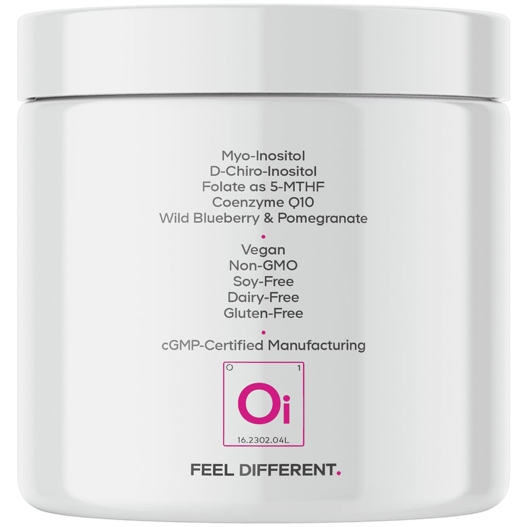 CDG064 | Back label of white supplement jar listing Myo-Inositol, D-Chiro-Inositol, Folate as 5-MTHF, CoQ10; vegan, non-GMO, soy-, dairy-, gluten-free; cGMP and Oi logo - Thumbnail