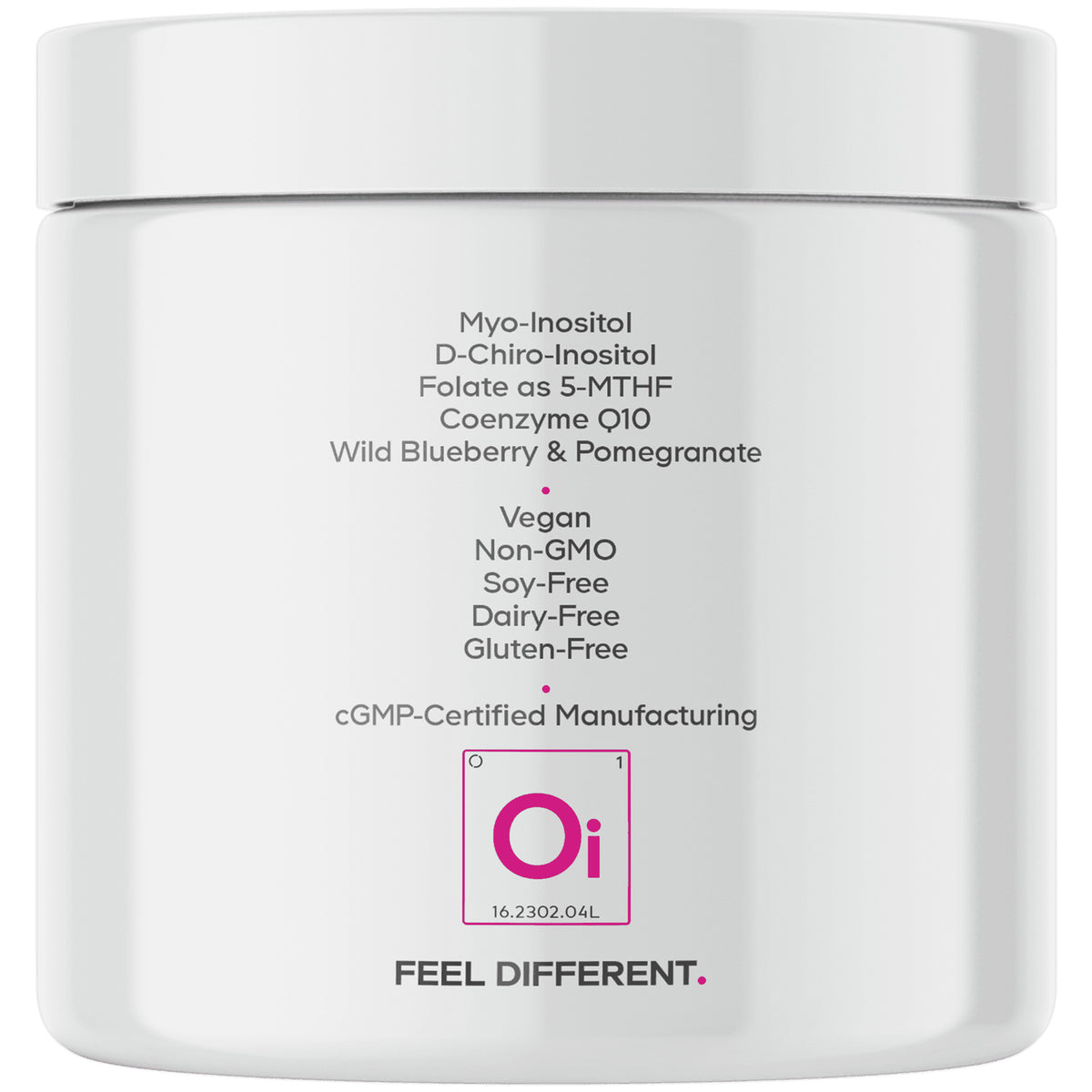 CDG064 | Back label of white supplement jar listing Myo-Inositol, D-Chiro-Inositol, Folate as 5-MTHF, CoQ10; vegan, non-GMO, soy-, dairy-, gluten-free; cGMP and Oi logo
