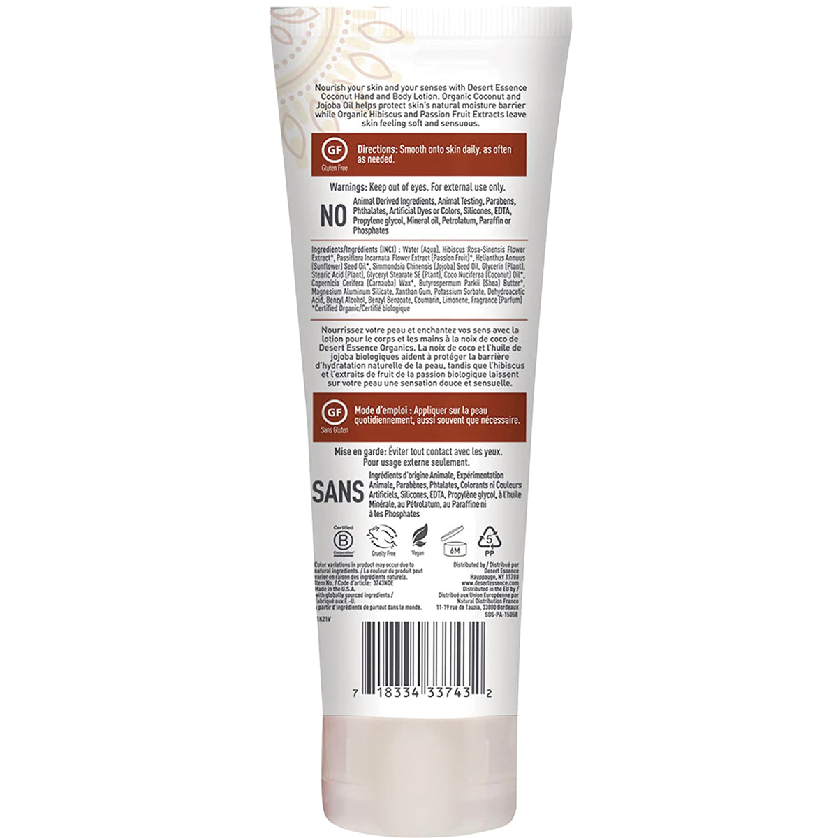 DST013 | Back of lotion tube showing directions, ingredients, warnings, and barcode
