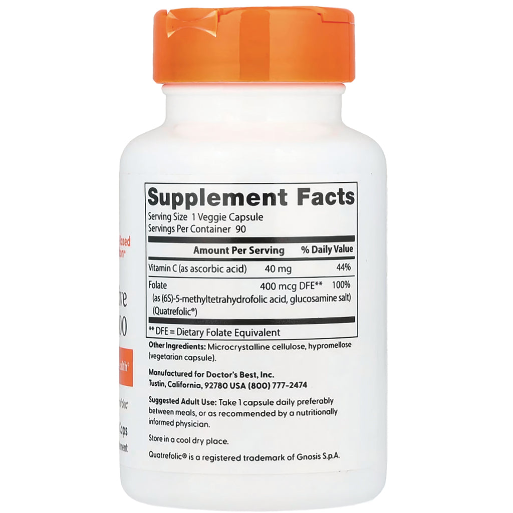 White supplement bottle back showing Supplement Facts label with folate and vitamin C amounts - Thumbnail