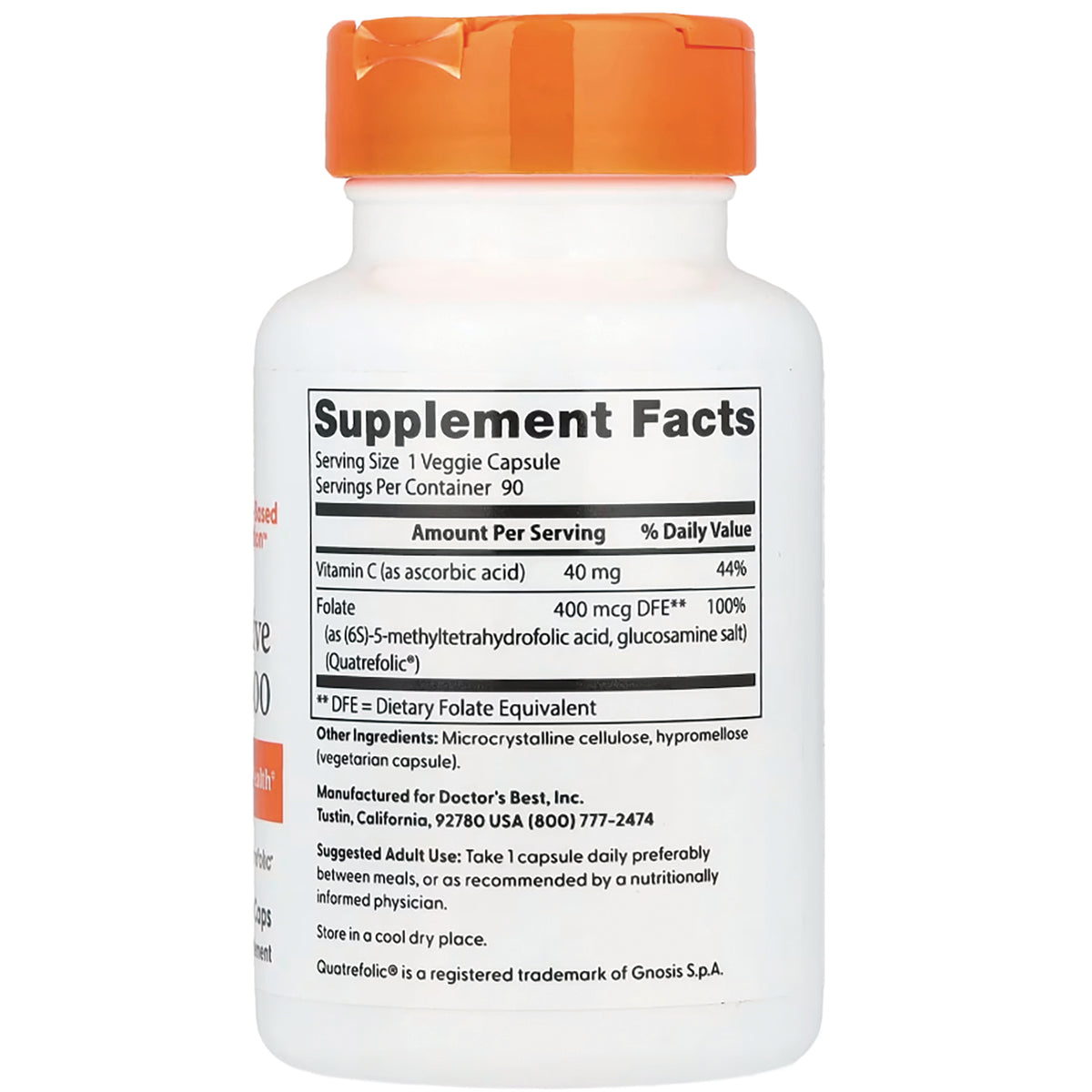 White supplement bottle back showing Supplement Facts label with folate and vitamin C amounts