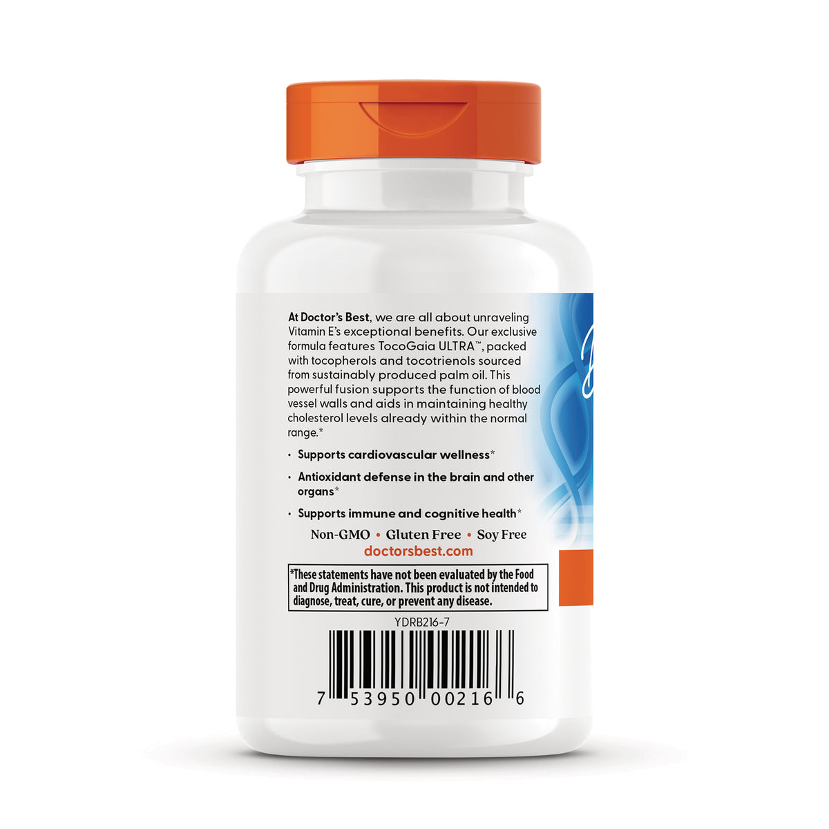 DB199 | Back of white supplement bottle with orange cap showing product description, claims, and barcode