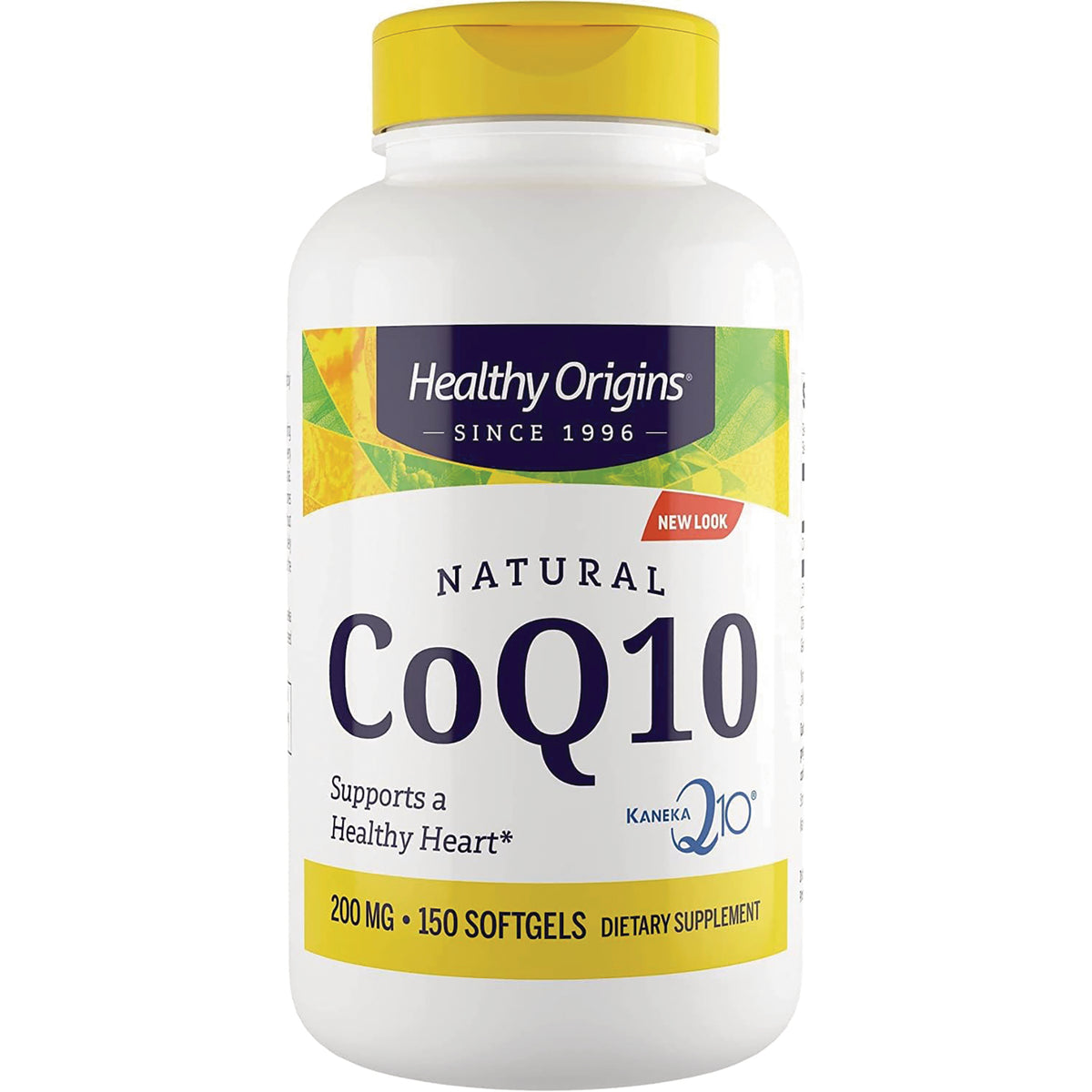 HRG054 | Healthy Origins Natural CoQ10 200 MG bottle, 150 softgels, white bottle with yellow cap and label
