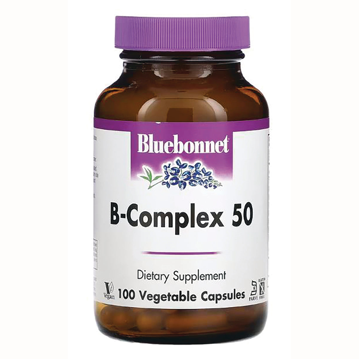 BLU055 | Bluebonnet B-Complex 50 dietary supplement bottle, 100 vegetable capsules, brown jar with purple cap