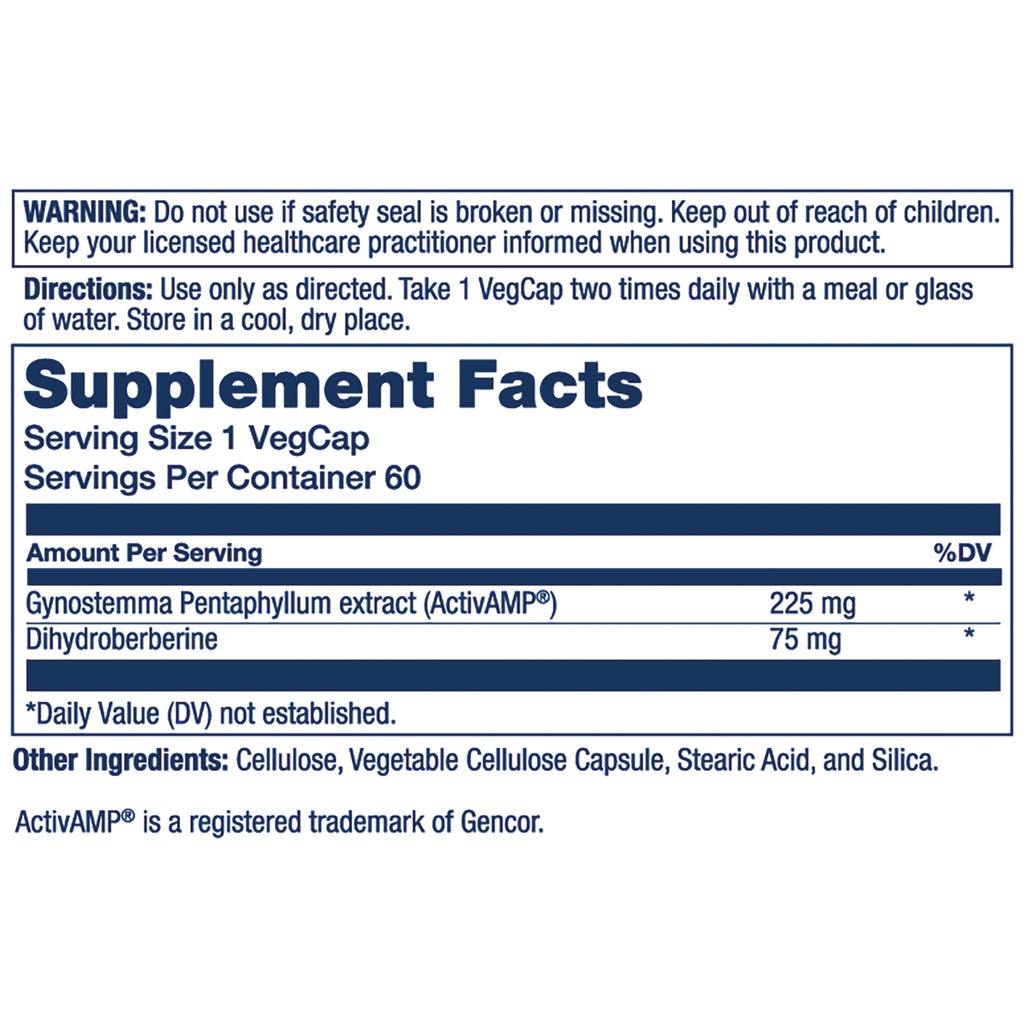 SLR536 | Supplement Facts label showing serving size 1 VegCap, Gynostemma Pentaphyllum extract 225 mg and dihydroberberine 75 mg - Thumbnail