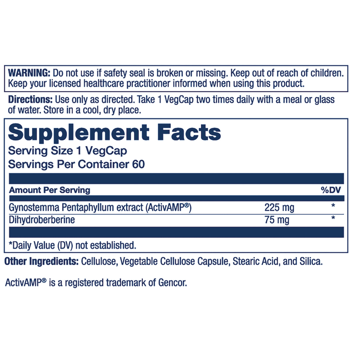 SLR536 | Supplement Facts label showing serving size 1 VegCap, Gynostemma Pentaphyllum extract 225 mg and dihydroberberine 75 mg