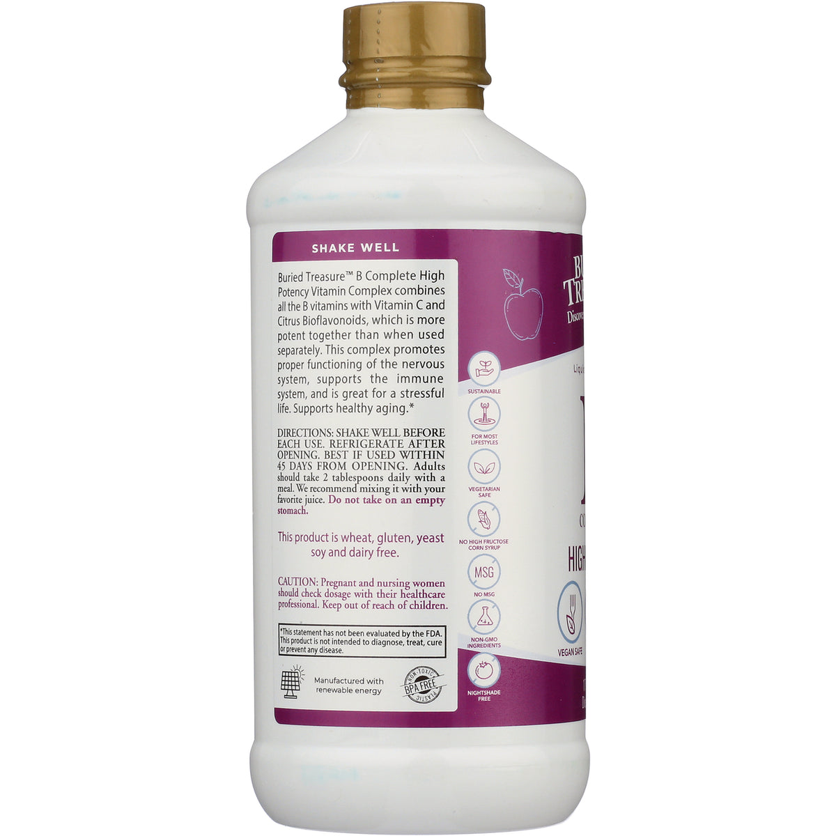 BTR001 | Back label of white plastic bottle showing SHAKE WELL, directions, warnings, and ingredient icons