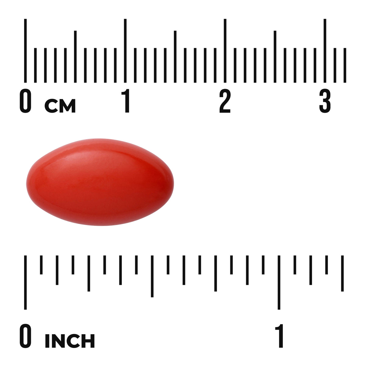 SW1686 | Red oval softgel with size guide: 0?3 cm and 0?1 inch rulers