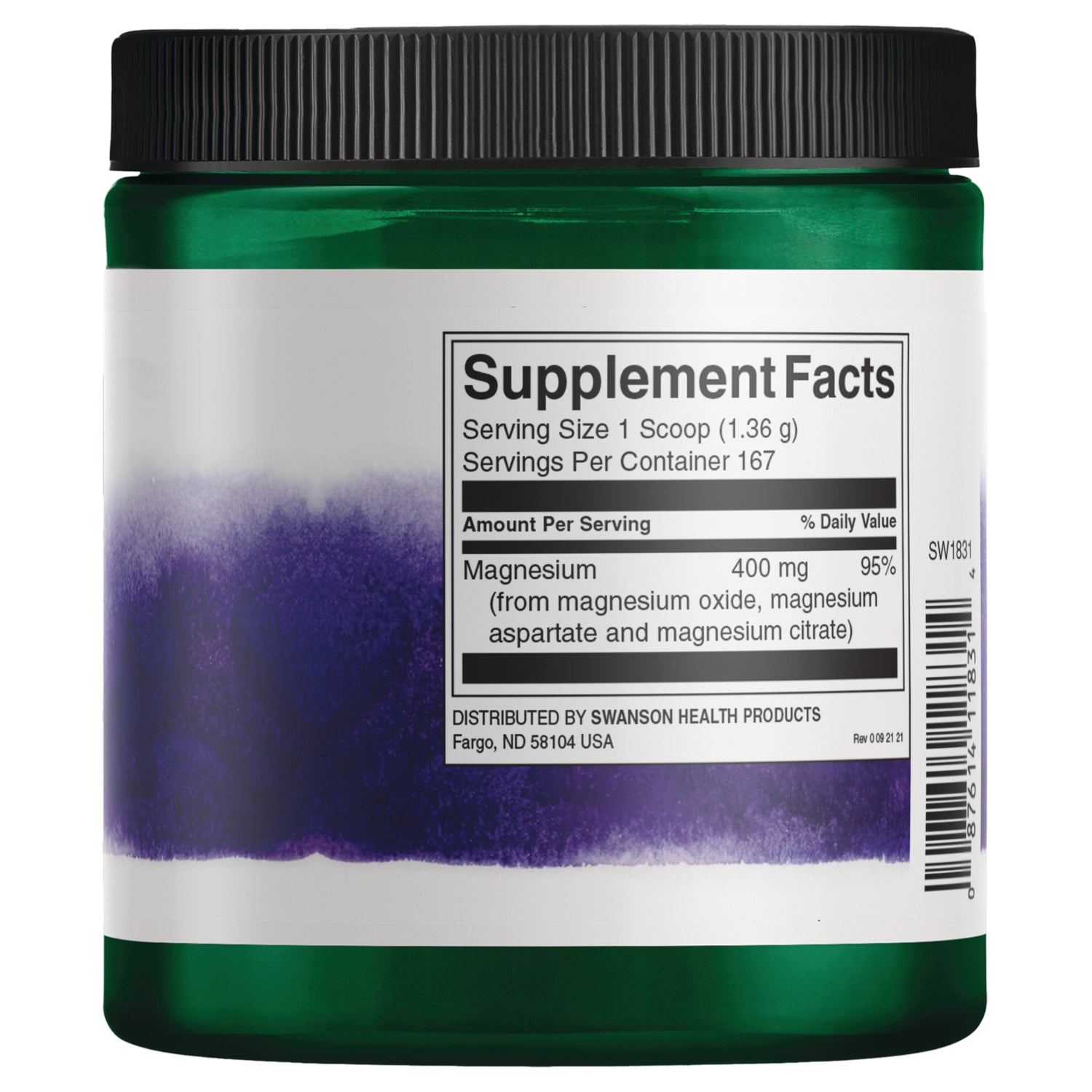 SW1831 | Back label with Supplement Facts: Magnesium 400 mg per scoop, 167 servings