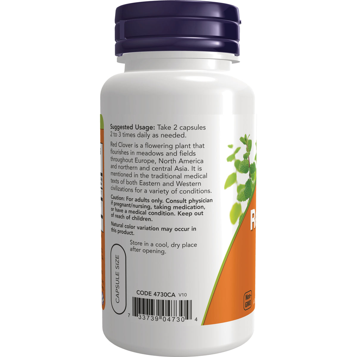 NWF506 | back label of white supplement bottle showing suggested usage, warnings, barcode and capsule size