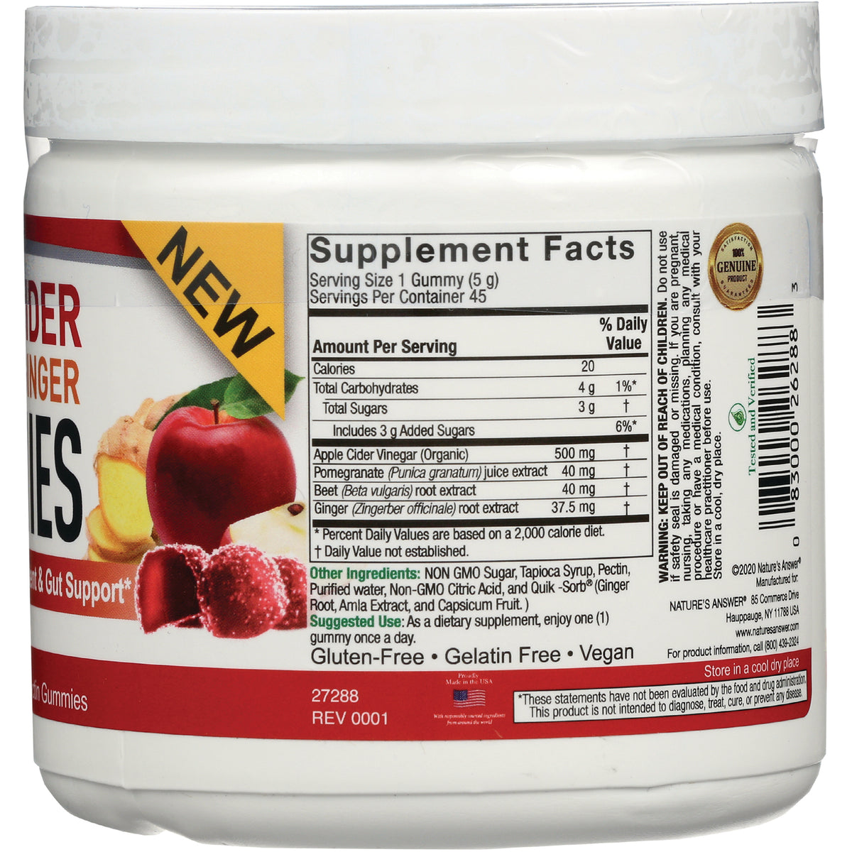 NAT411 | Back label of supplement jar showing Supplement Facts, ingredients, serving size, barcode and gluten-free vegan claims