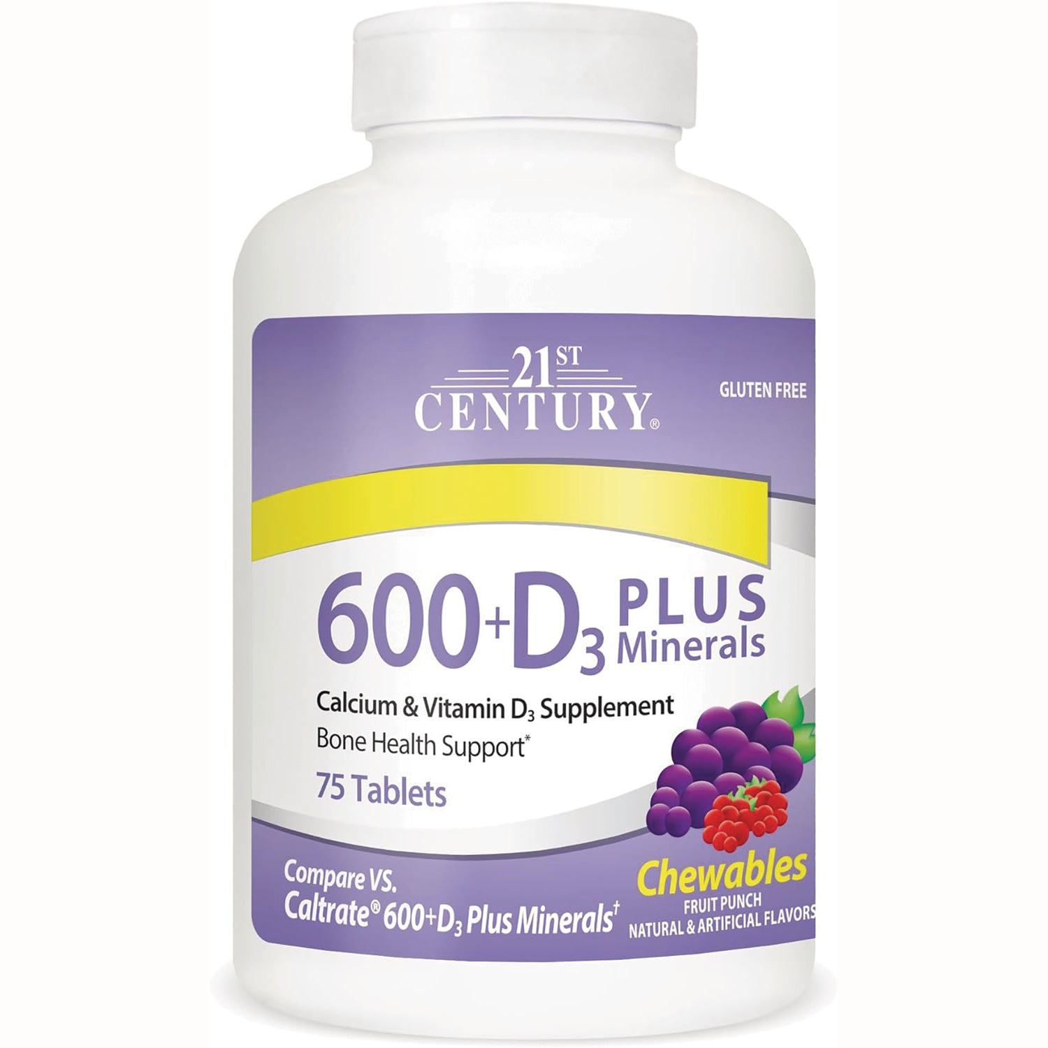 CNT204 | 21st Century 600+D3 Plus Minerals chewable calcium and vitamin D3 supplement bottle, 75 tablets, fruit punch