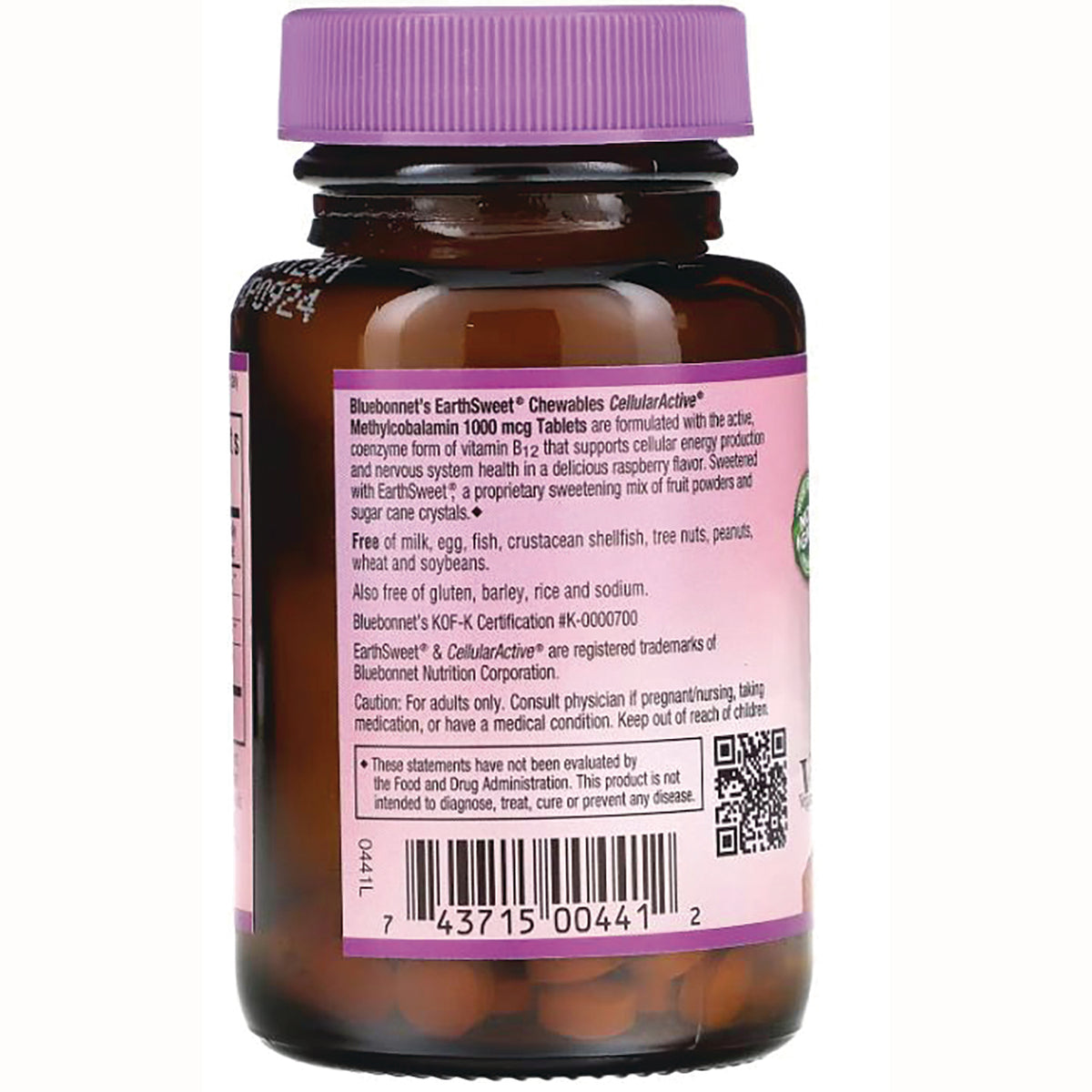 BLU073 | Back of amber supplement bottle with purple cap showing EarthSweet Chewables label, ingredients text, barcode and QR code
