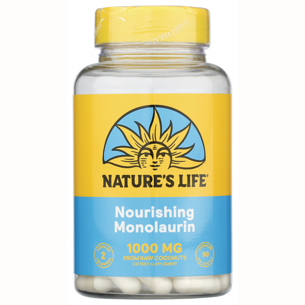 HS059 | Front view of Nature's Life Nourishing Monolaurin 1000 MG bottle with yellow and blue label and white capsules visible