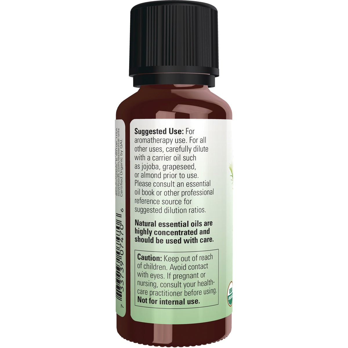 NWF513 | Back label of brown essential oil bottle showing suggested use, caution and Not for internal use