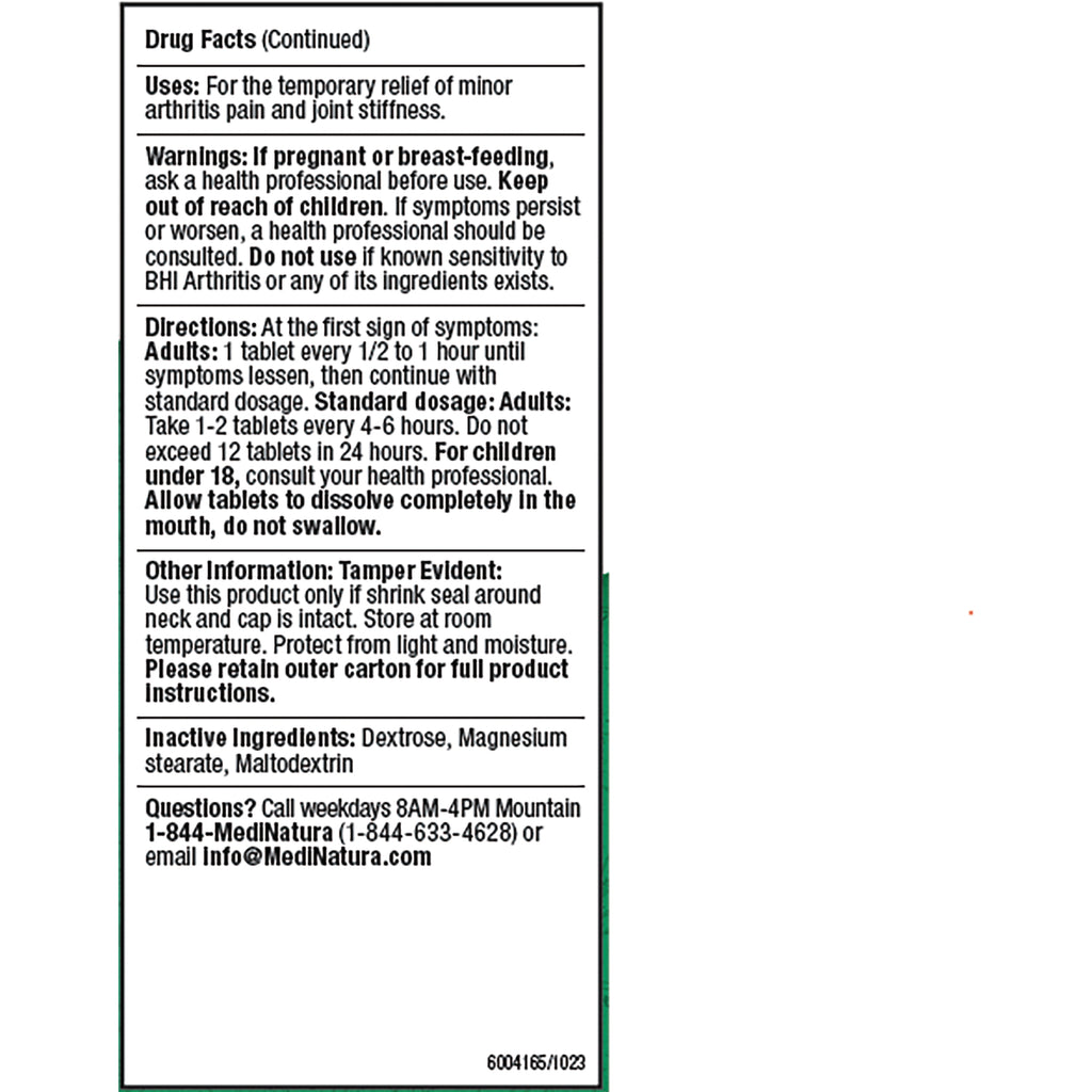 MNA034 | Back of BHI Arthritis Pain Relief Tablets box showing drug facts, directions and inactive ingredients - Thumbnail