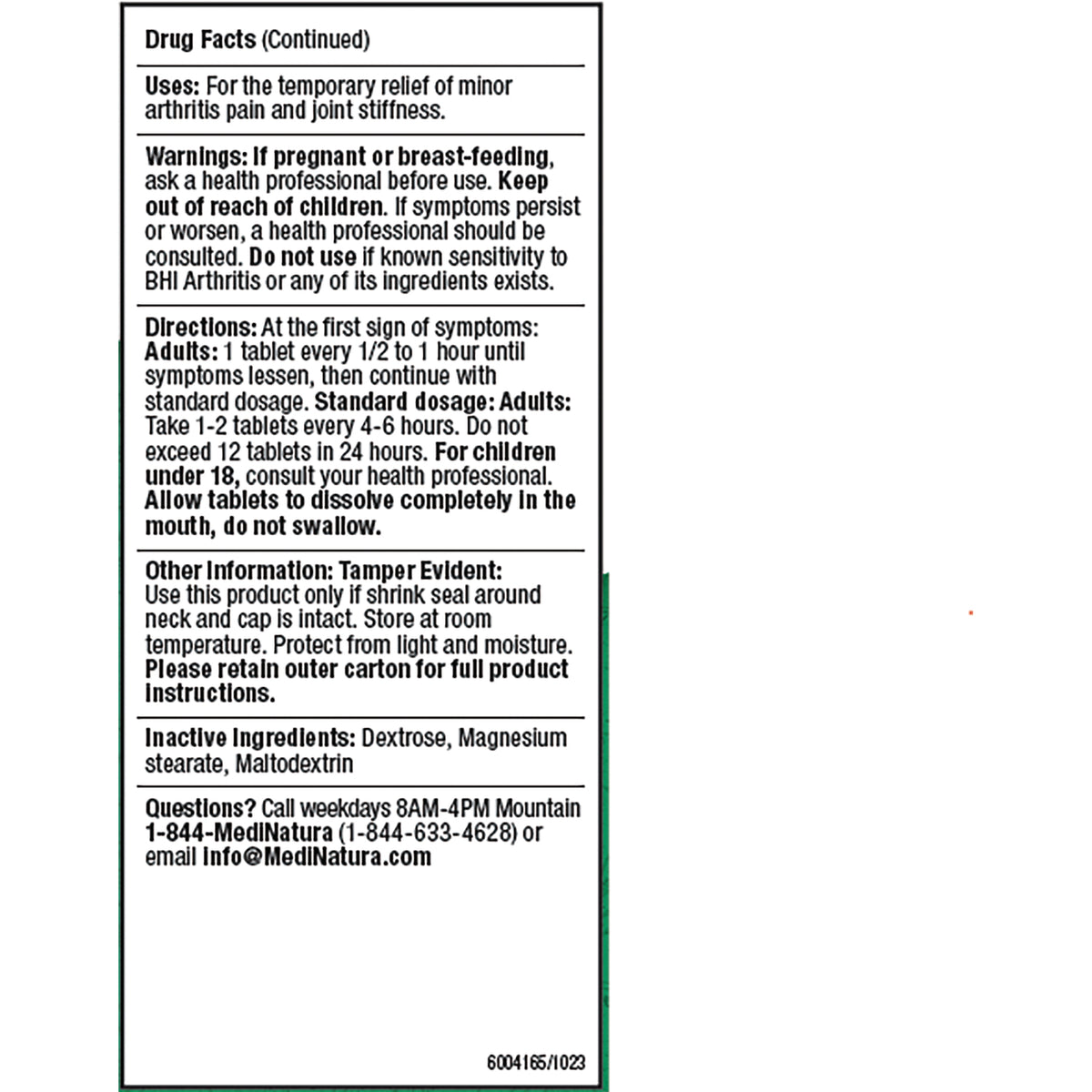 MNA034 | Back of BHI Arthritis Pain Relief Tablets box showing drug facts, directions and inactive ingredients