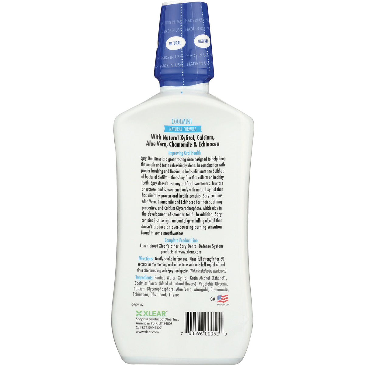 XL031 | Back of Spry Oral Rinse bottle, Coolmint Natural Formula label with directions and ingredients