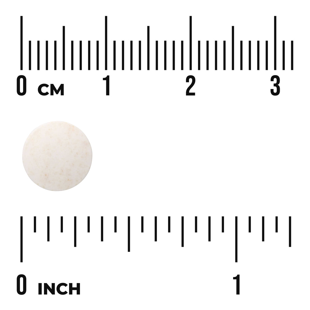 SWU302 | Round white tablet on white background next to centimeter and inch rulers showing about 1 cm diameter, visible '0 cm - Thumbnail