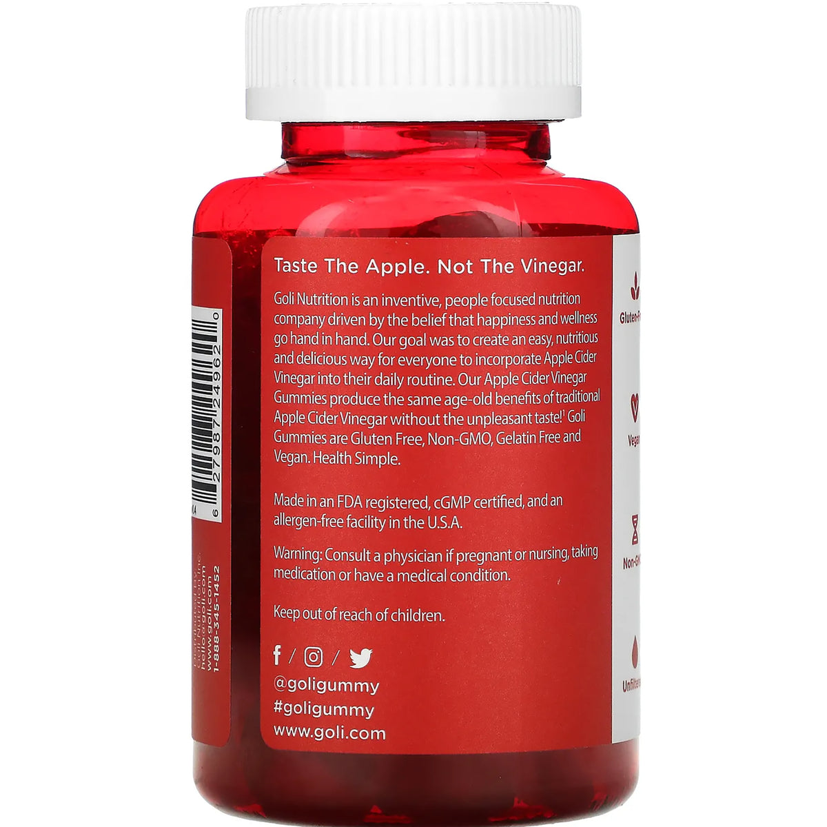 GOL002 | Back label of red Goli apple cider vinegar gummies bottle showing product description, warnings, barcode and social handles