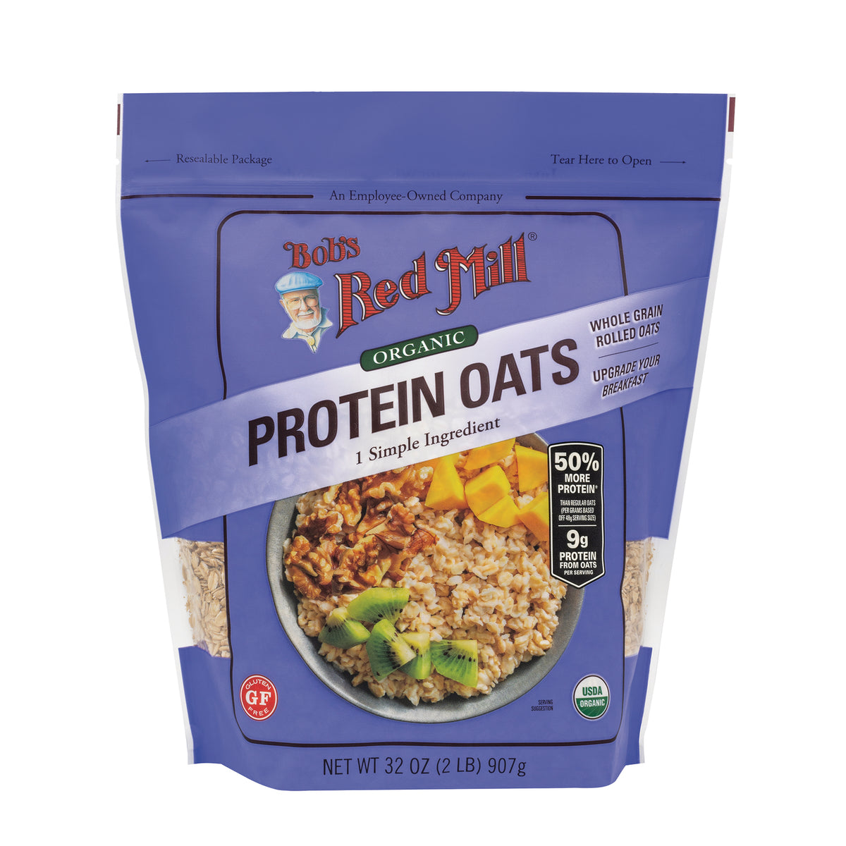 BOB484 | Bob's Red Mill PROTEIN OATS organic resealable front pouch with bowl of oats topped with fruit