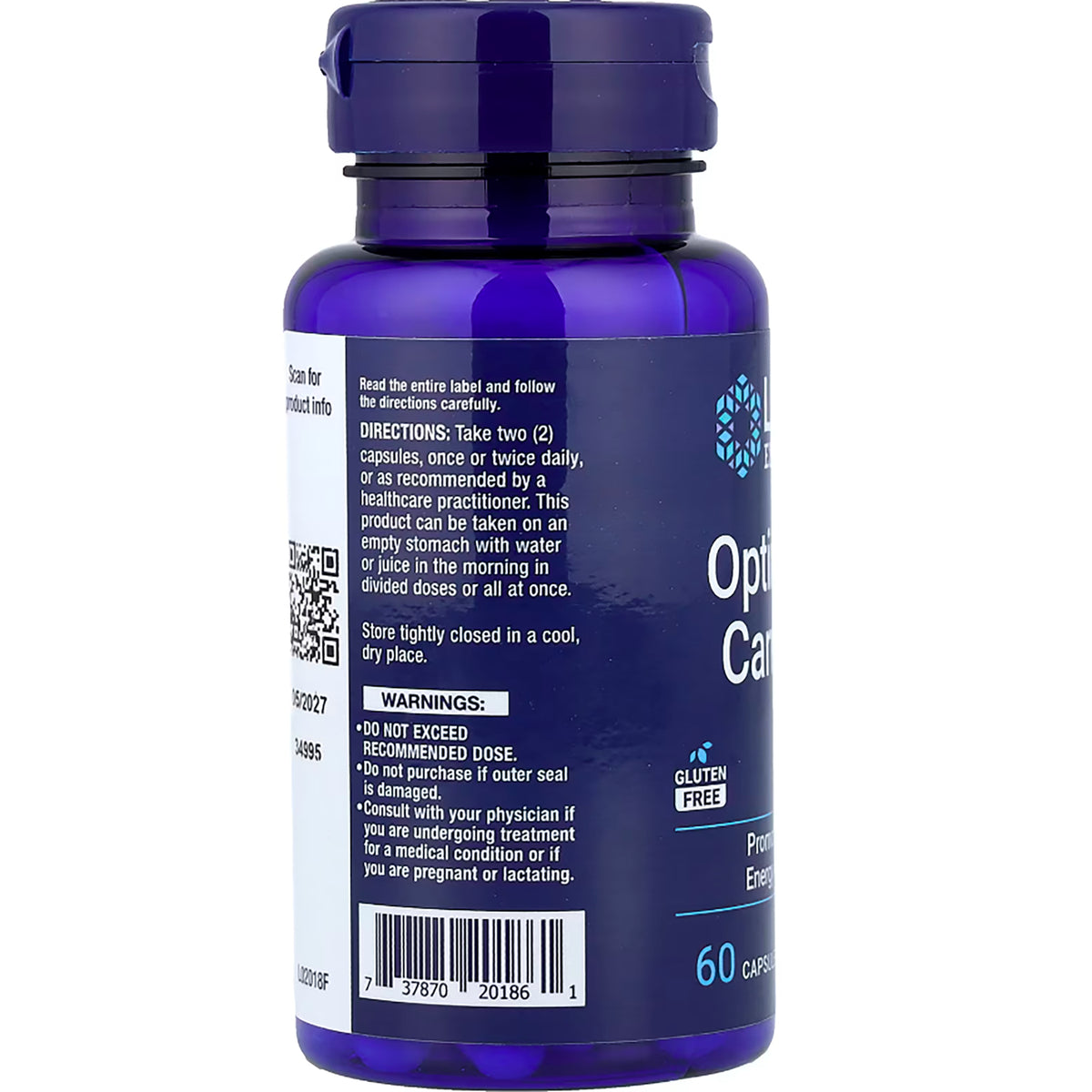 LE448 | Back label of blue supplement bottle with directions, warnings, barcode, and 60 capsules