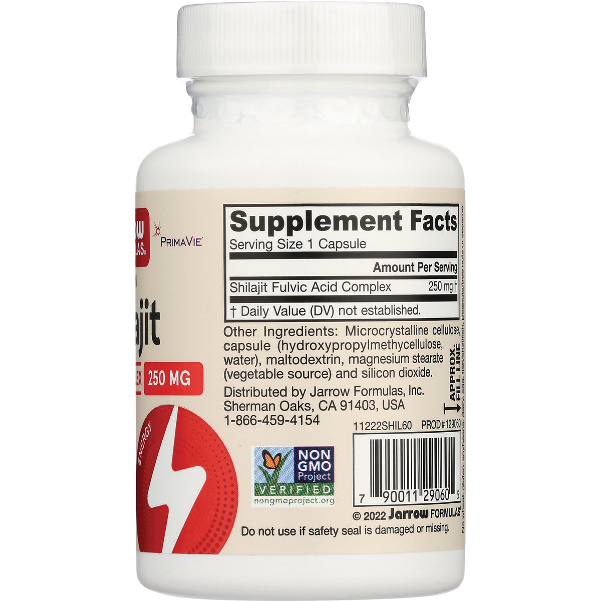 JR243 | Back of white supplement bottle showing Supplement Facts panel, ingredients, barcode and Non GMO Project logo