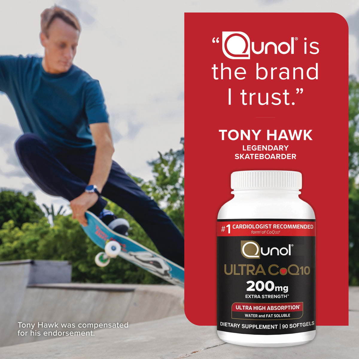 QNL016 | Tony Hawk skateboard endorsement ad with Qunol Ultra CoQ10 200 mg bottle