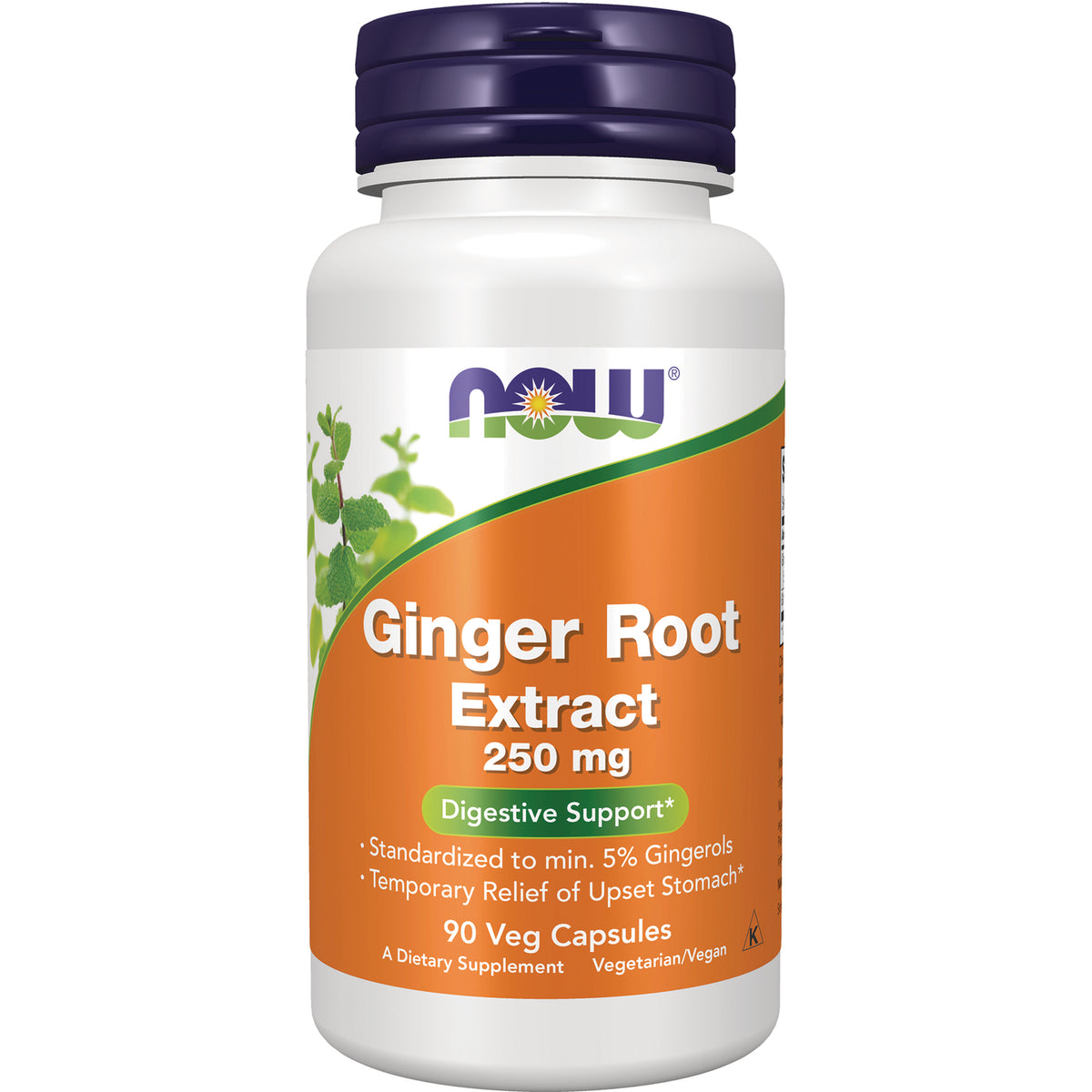 NWF542 | White supplement bottle with purple cap labeled Ginger Root Extract 250 mg 90 Veg Capsules, orange label