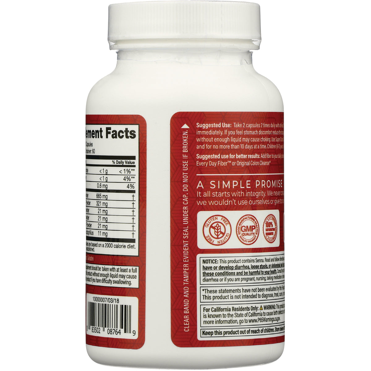 HP011 | Back of white supplement bottle showing nutrition facts panel, suggested use text, certification seals, and barcode
