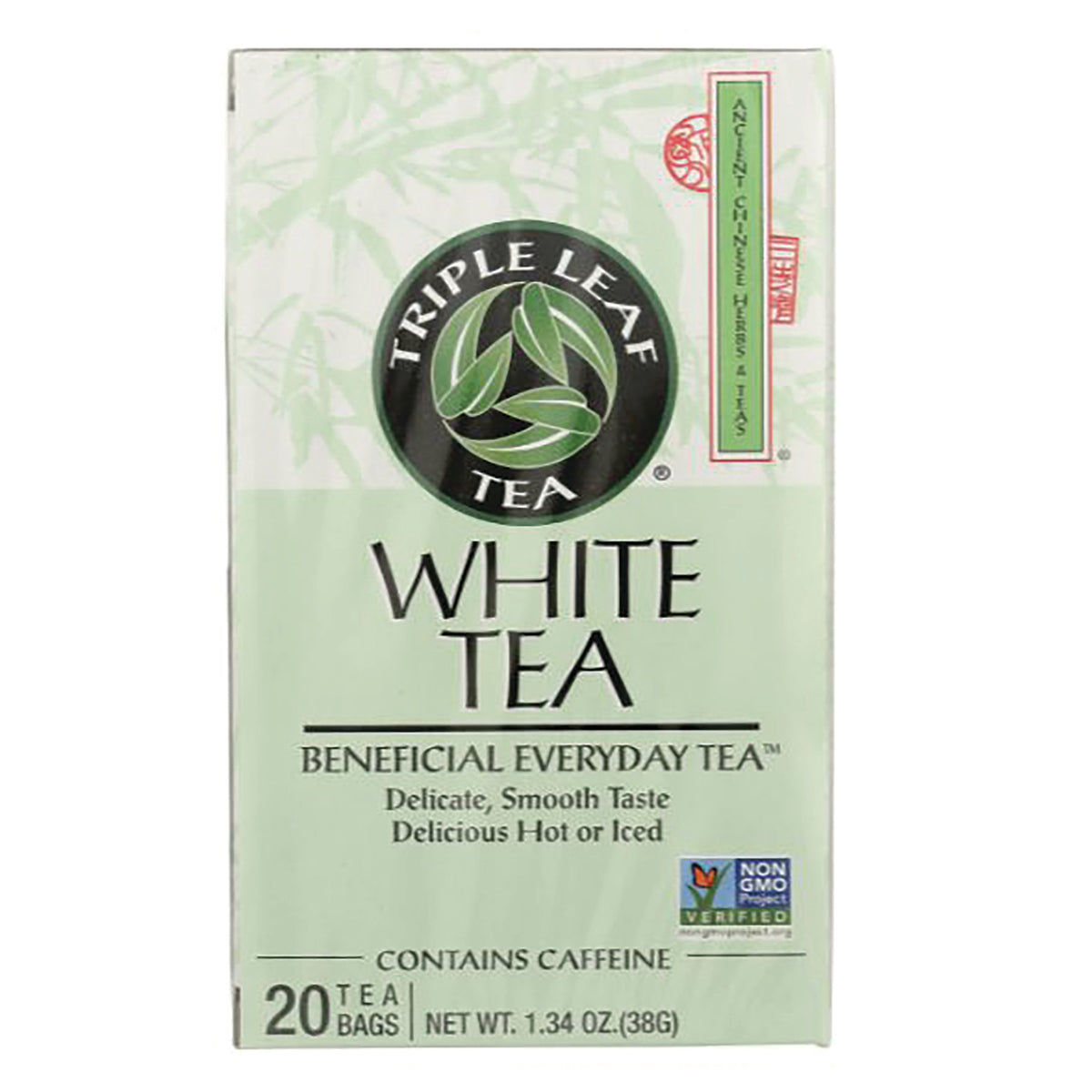 TLT007 | Triple Leaf Tea White Tea box front, 20 tea bags, Non-GMO Verified, Contains Caffeine