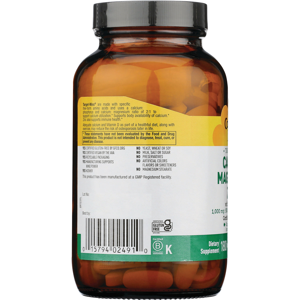 CRL020 | back of amber supplement bottle showing ingredient and claims label, barcode, and visible orange tablets