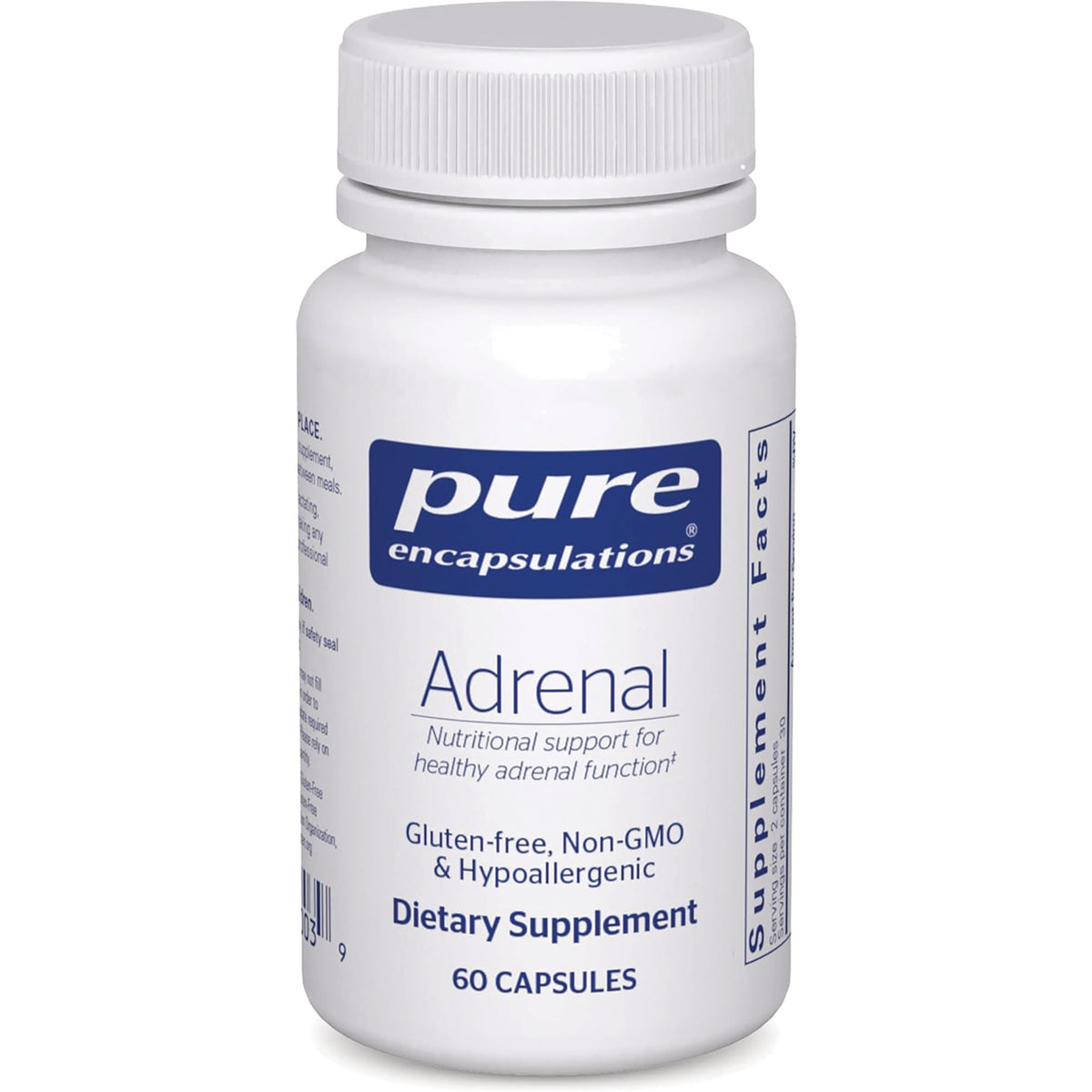 PRN015 | White bottle of Pure Encapsulations Adrenal dietary supplement, 60 capsules, gluten-free non-GMO