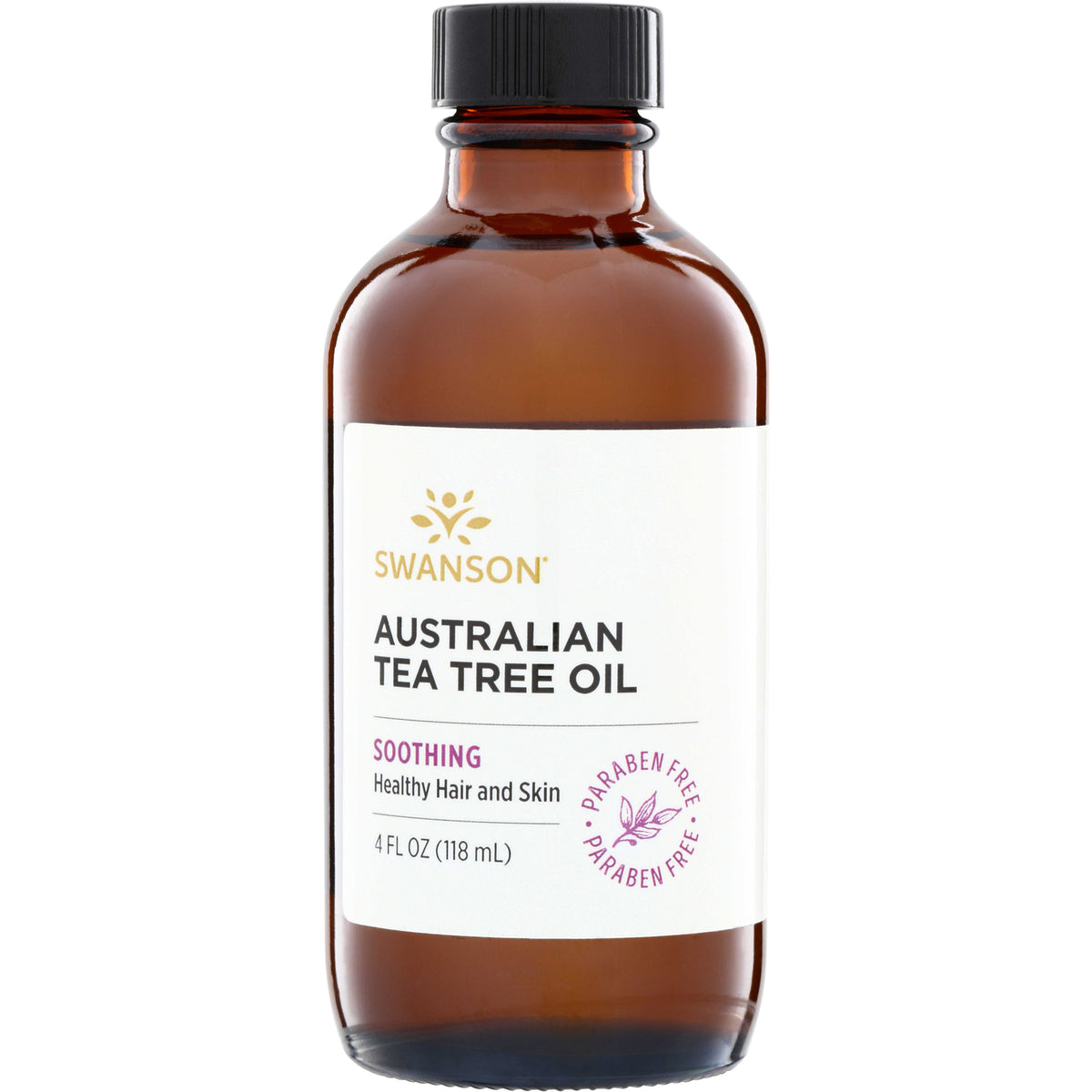 SWU245 | Amber glass bottle of Swanson Australian Tea Tree Oil labeled "Soothing Healthy Hair and Skin" 4 fl oz paraben free