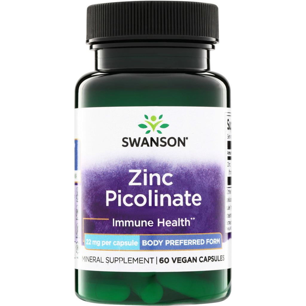 SW1113 | Swanson Zinc Picolinate bottle front, Immune Health, 22 mg per capsule, Body Preferred Form, 60 vegan capsules - Thumbnail