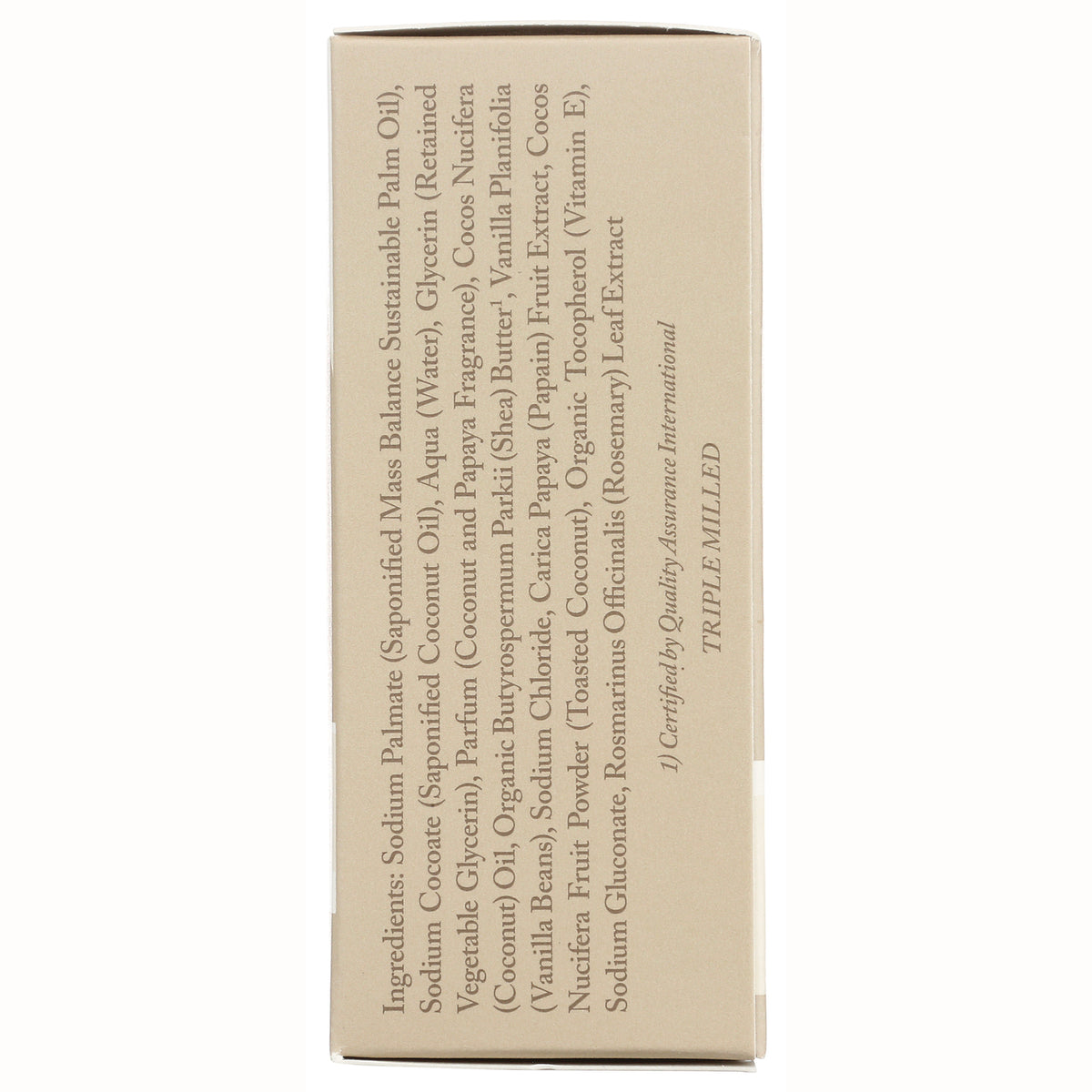DRW013 | Back of beige product box showing vertical ingredients list and certification text