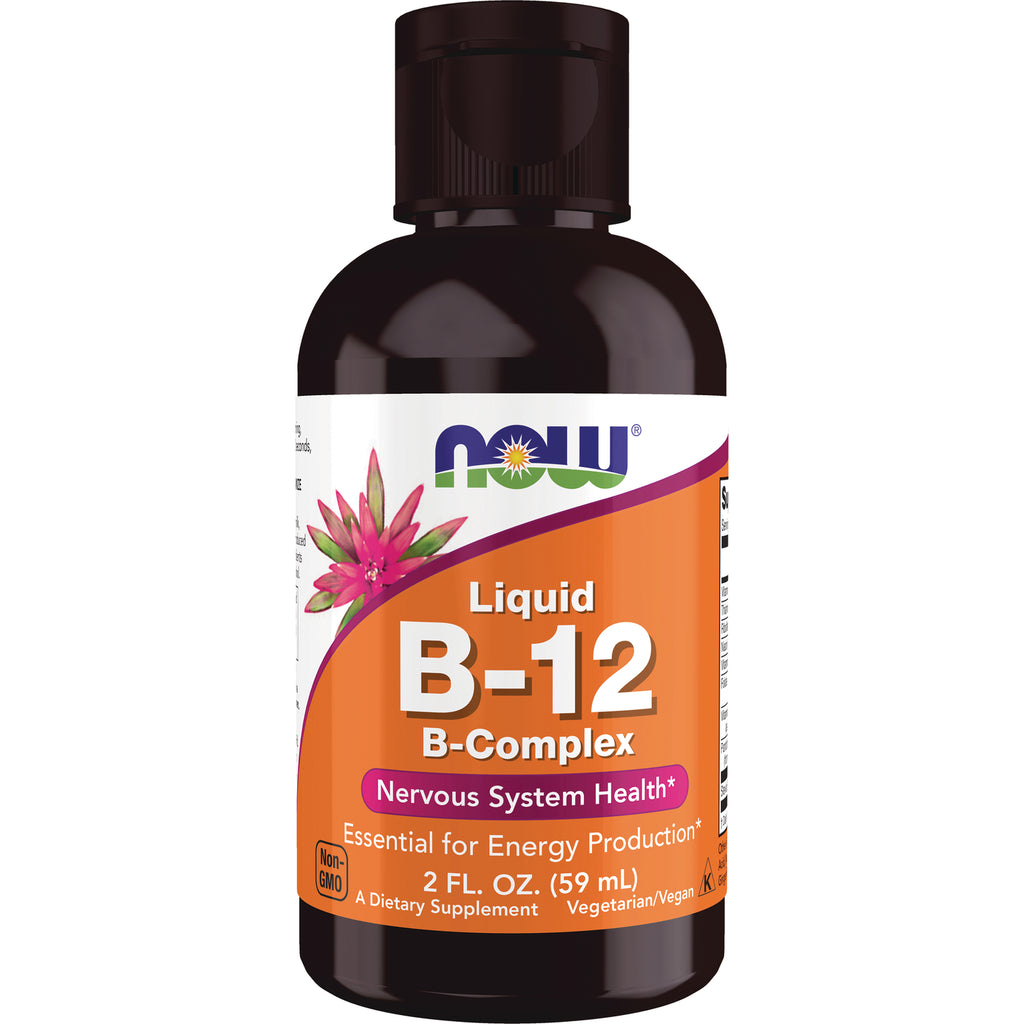 NWF025 | NOW Liquid B-12 B-Complex supplement bottle with orange label reading Liquid B-12 B-Complex Nervous System Health - Thumbnail