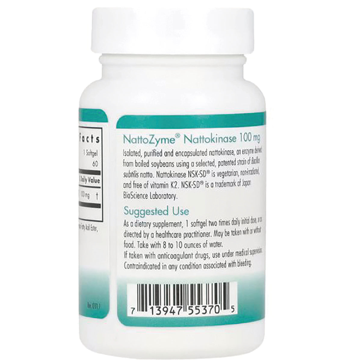 NCL056 | Back label of white supplement bottle showing NattoZyme Nattokinase 100 mg suggested use instructions and barcode