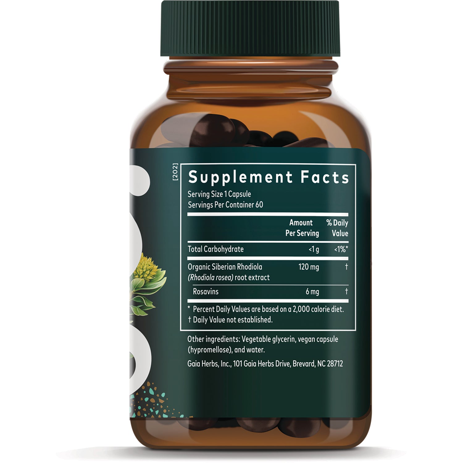 GH019 | Back of amber supplement bottle showing Supplement Facts panel with serving size, ingredients and amounts