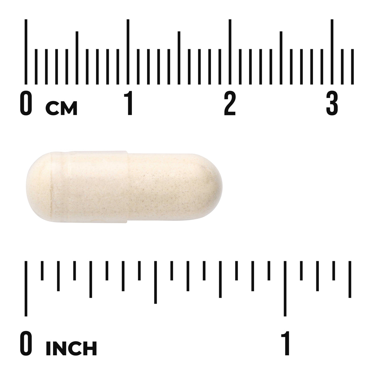 SWU086 | Off-white capsule centered between centimeter and inch rulers labeled cm and inch, showing approximately 2 cm length
