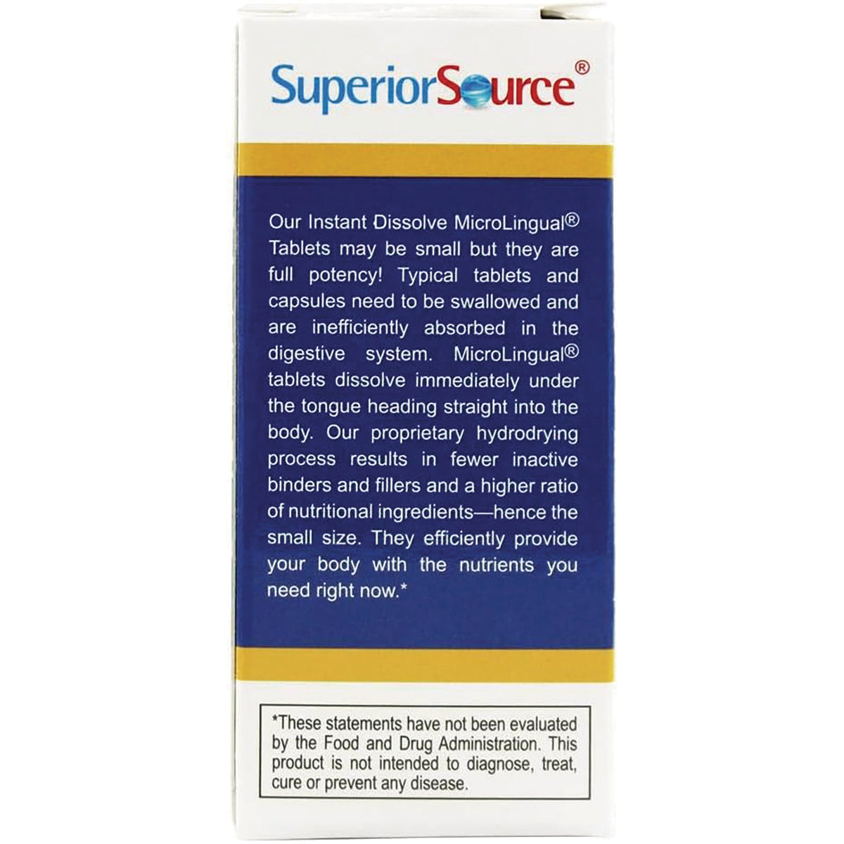 SUS020 | Superior Source box back with MicroLingual tablets description and FDA disclaimer